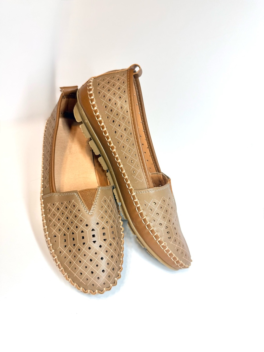 Women's Perforated PU Leather Slip-On Flats - Tan 6